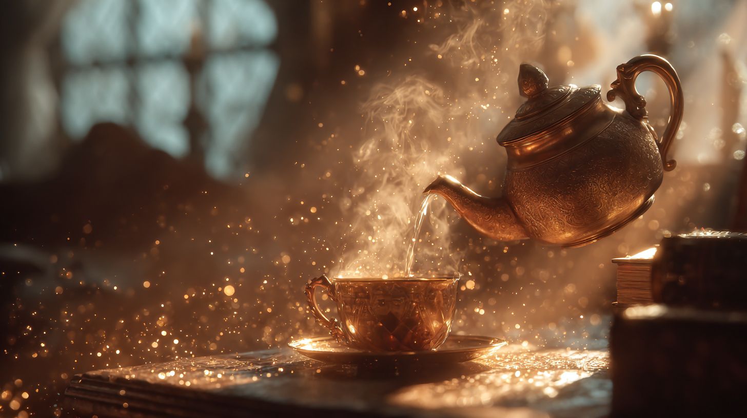 Eine schwebende Teekanne, die dampfenden Tee in eine Tasse gießt