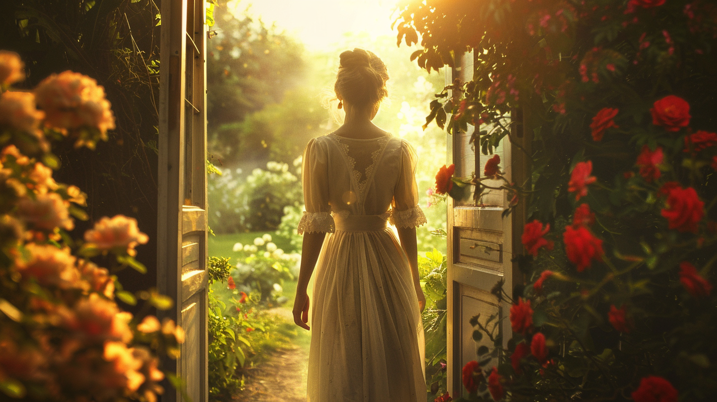 Eine Dame, die in einen Garten hinaus tritt um ihre Realität neu zu gestalten